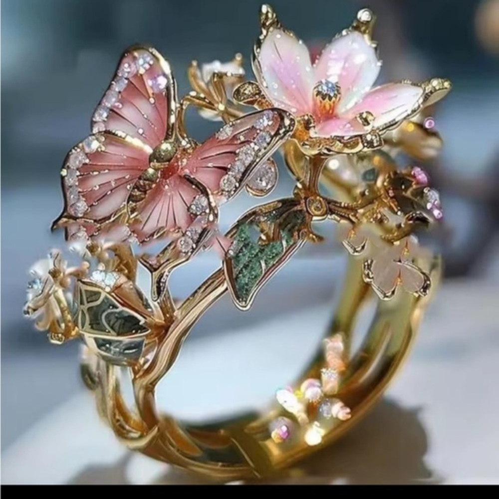 Gold and Pink Butterfly Floral Ring Size 8